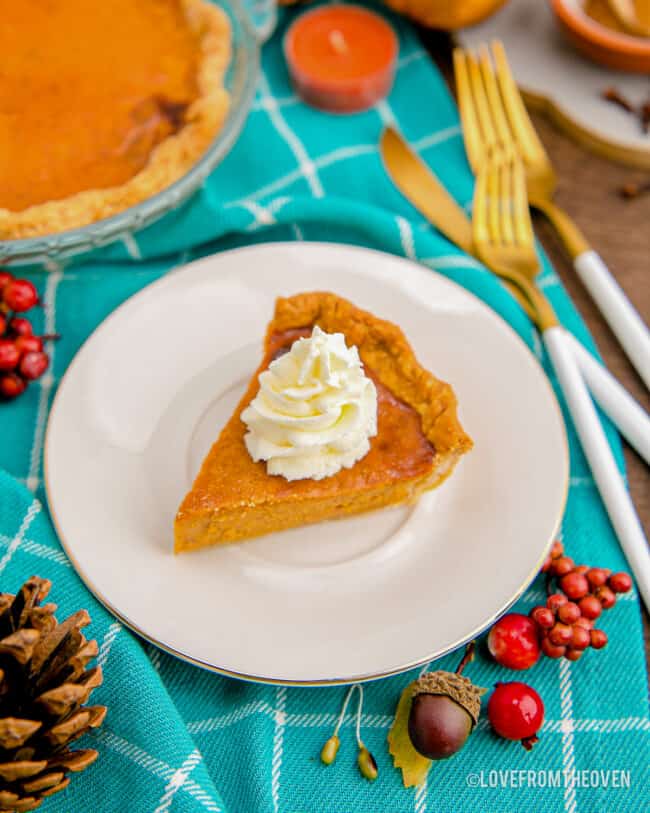 A piece of pumpkin pie on a blue background.