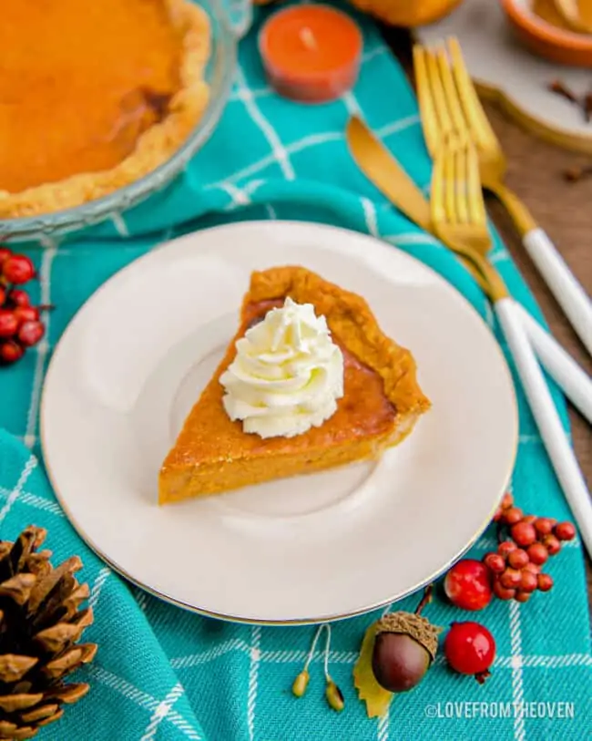A piece of pumpkin pie on a blue background.