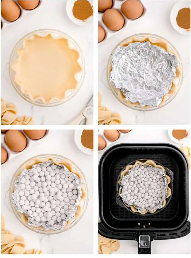 Photos showing how to make pie crust in an air fryer.