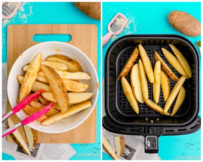 Potato wedges being placed in an air fryer.