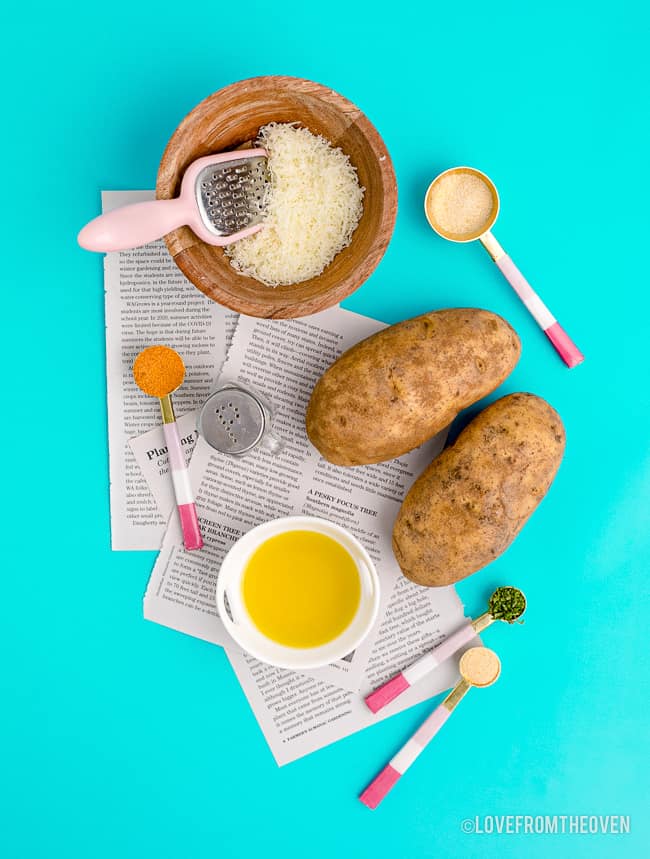 The ingredients needed to make potato wedges. 