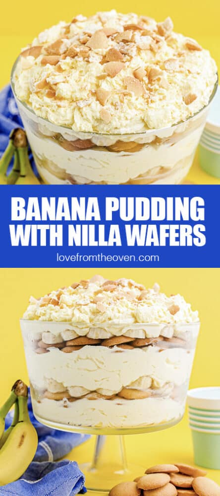 A large bowl of banana pudding with nilla wafers.