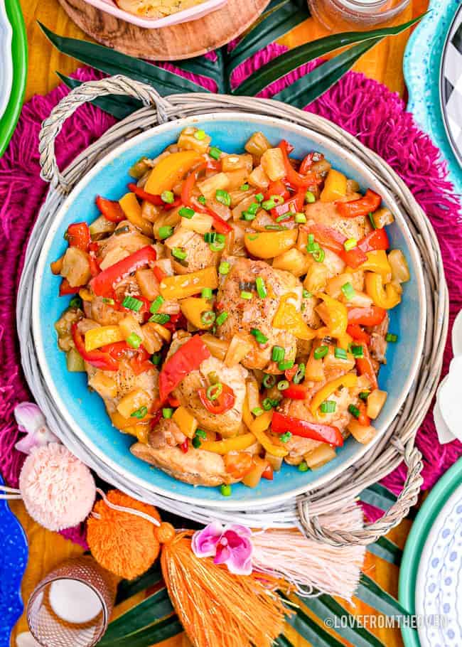 a plate of crockpot Hawaiian chicken. 