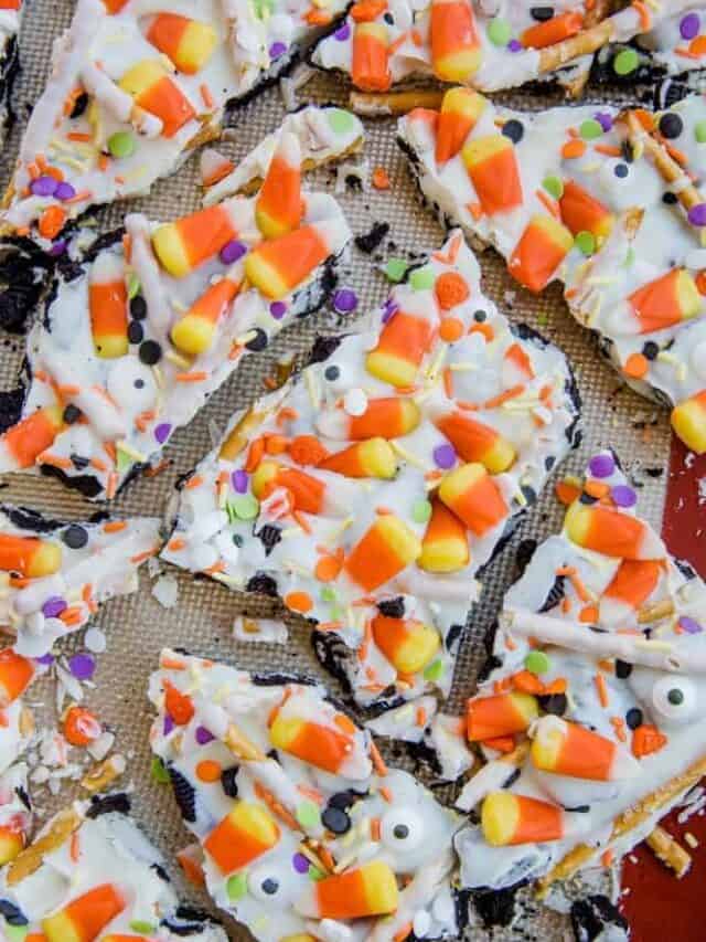A photo of Halloween candy bark.