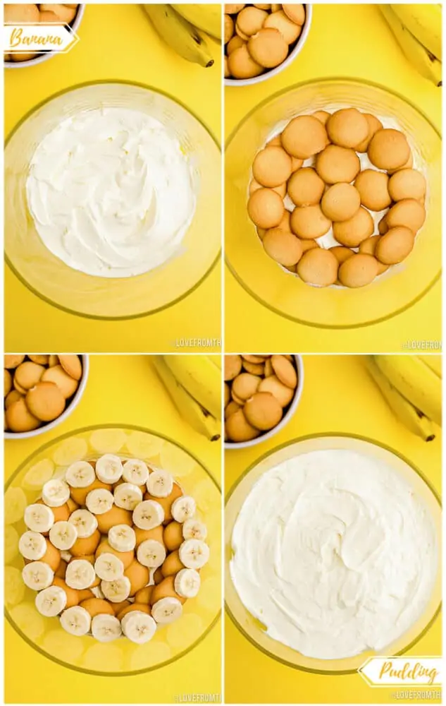 Step by step photos showing how to make banana pudding.