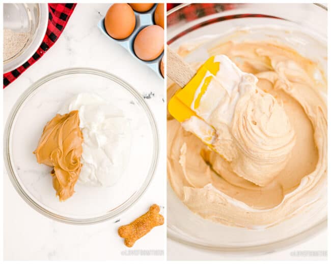 A bowl with frosting for dogs being made in it.