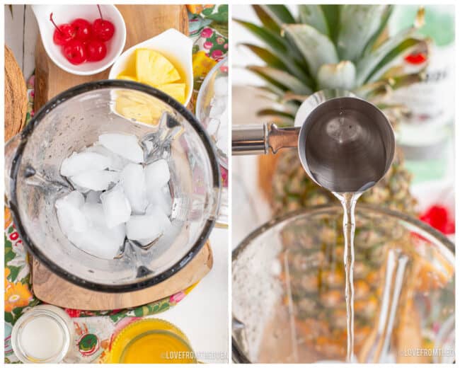 Photos of a pina colada being made.