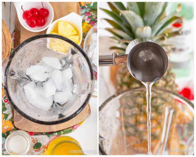 Photos of a pina colada being made.