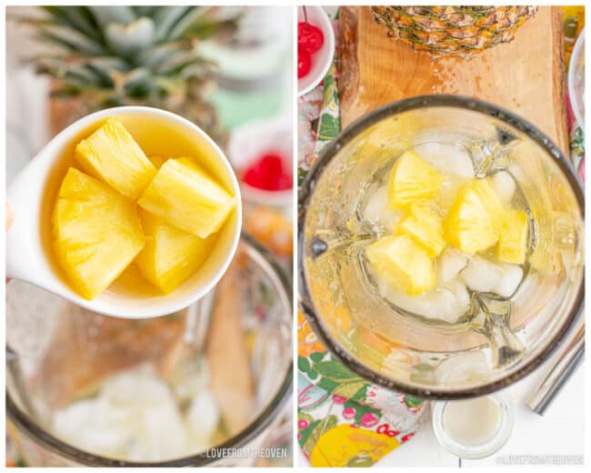 Pineapple being added to a blender.