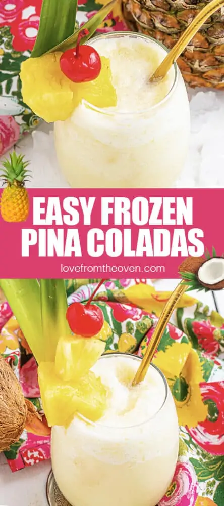 Photos of frozen pina coladas with pineapple and cherries.