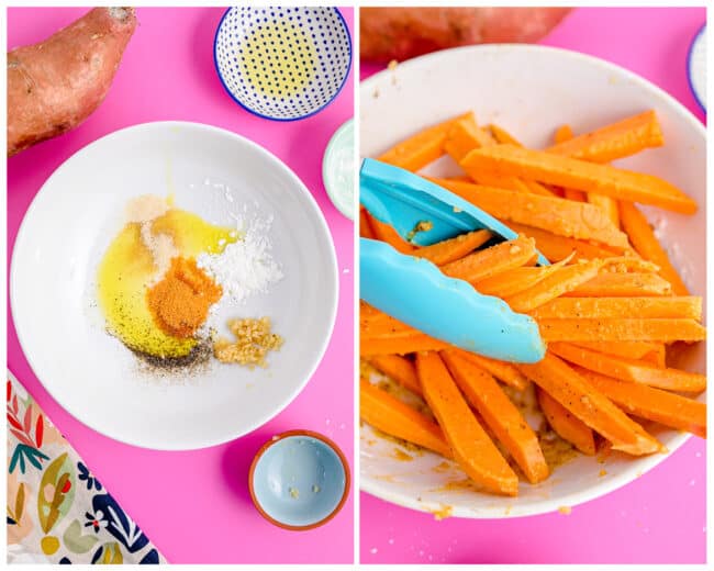 Photos of sweet potato fries being made.