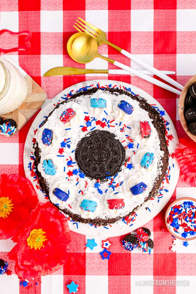 An overhead photo of an ice cream cake