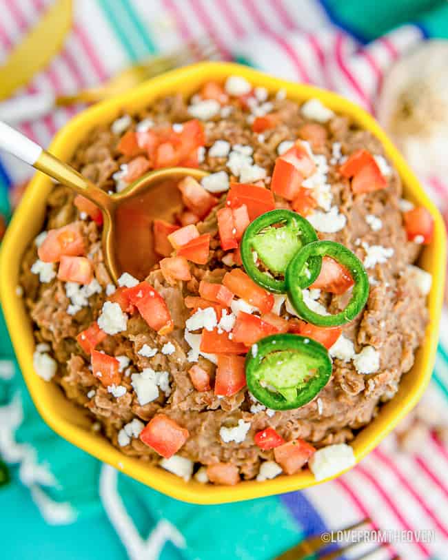 A bowl of refried beans.