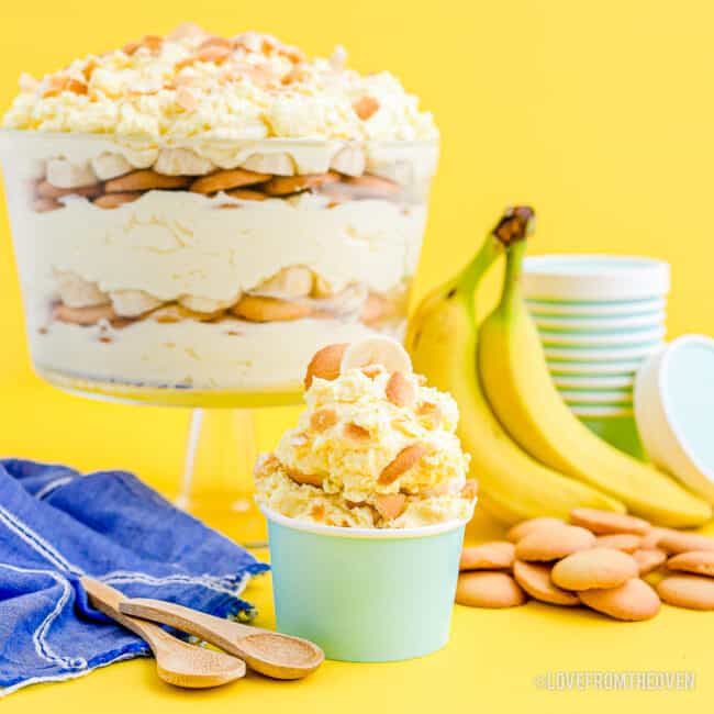 A large bowl and small cup of a magnolia banana pudding copycat recipe.