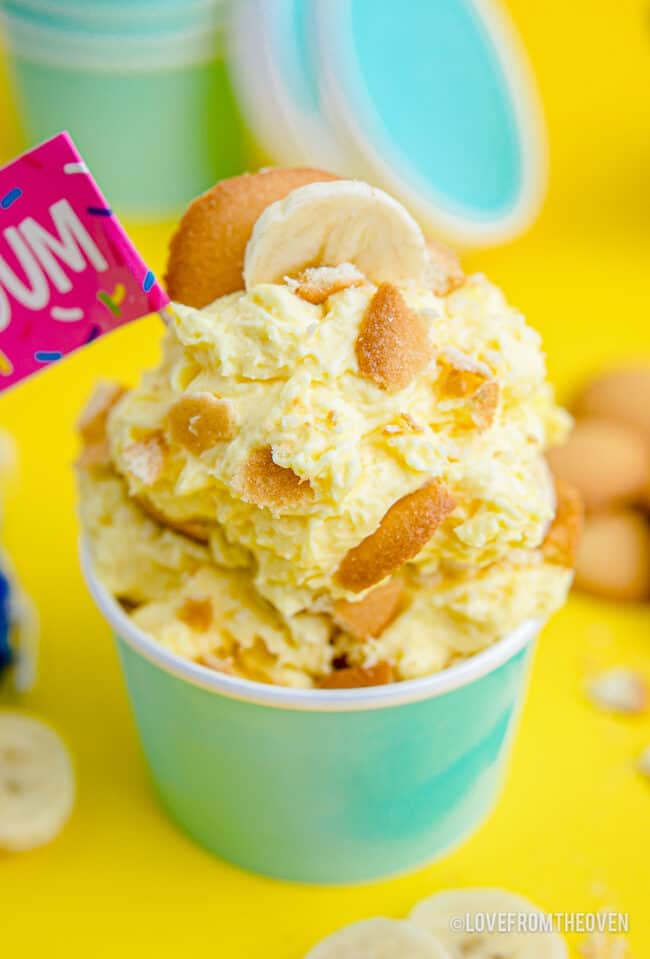 A cup of pudding made with the Magnolia Bakery Banana Pudding recipe.