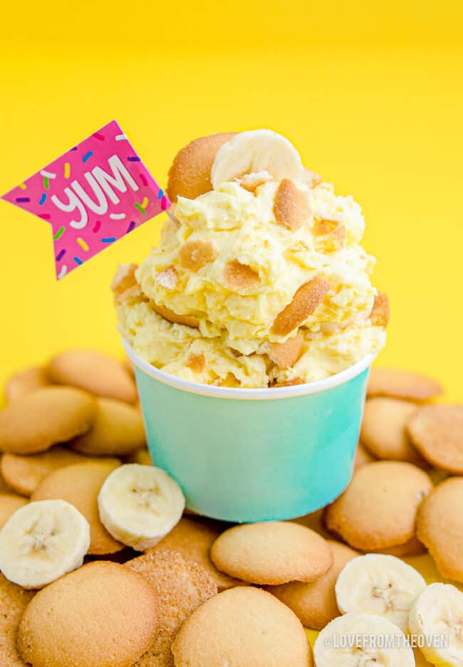 A cup of Magnolia Bakery Banana Pudding on a pile of vanilla wafer cookies.