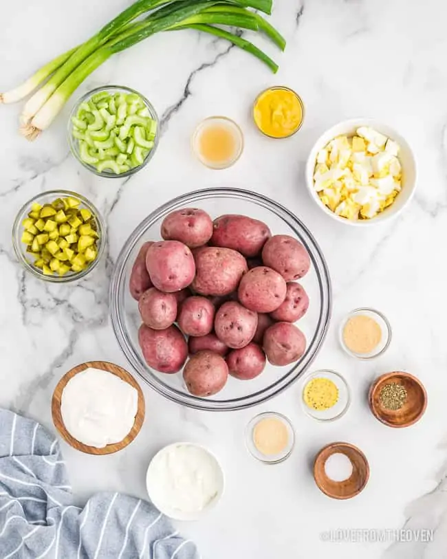 A photo of the ingredients for potato salad.