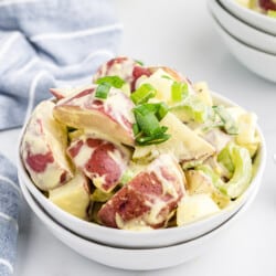 Old Fashioned Potato Salad in a white bowl.