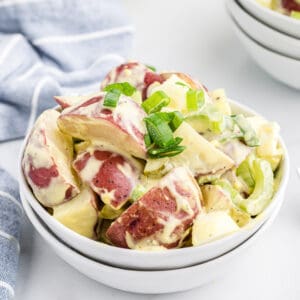 Old Fashioned Potato Salad in a white bowl.