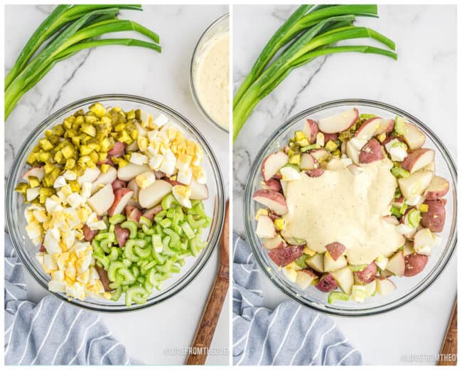 Photos showing how to make potato salad.