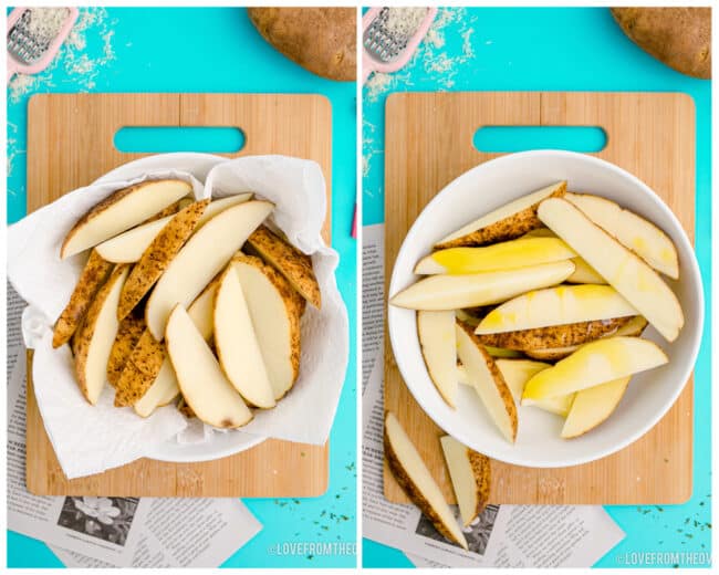 Slices of potato wedges in a bowl about to be cooked.