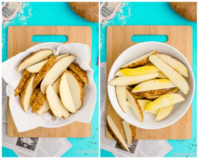 Slices of potato wedges in a bowl about to be cooked.