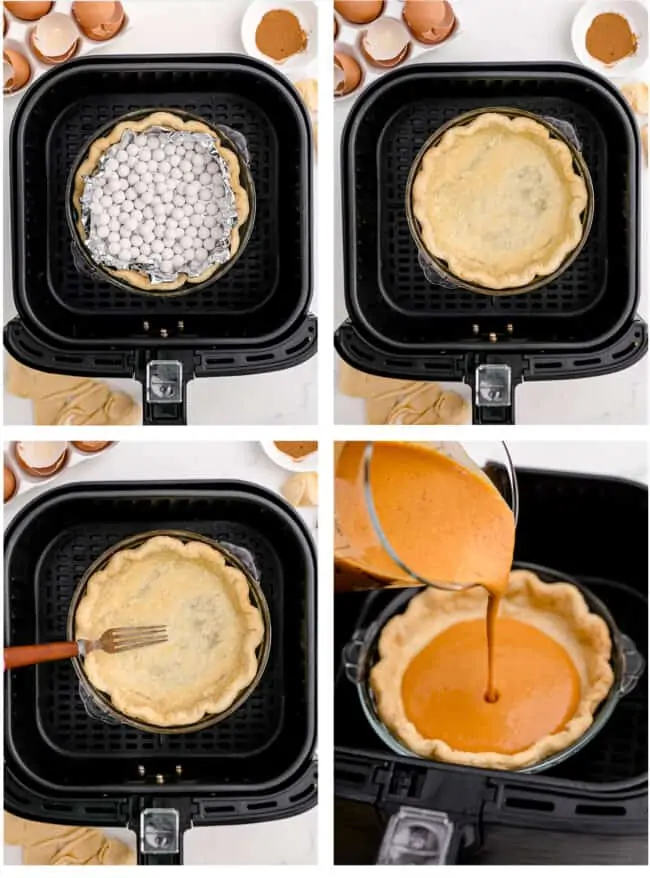 Photos of a pumpkin pie in an air fryer.