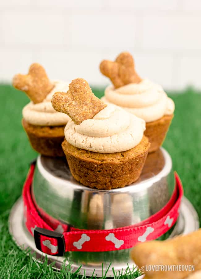 Dog cupcakes sitting on a metal dog dish.