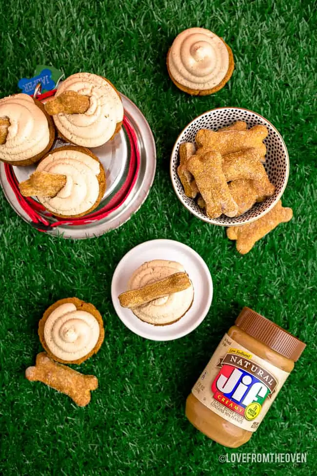 Dog cupcakes and dog bones on grass.