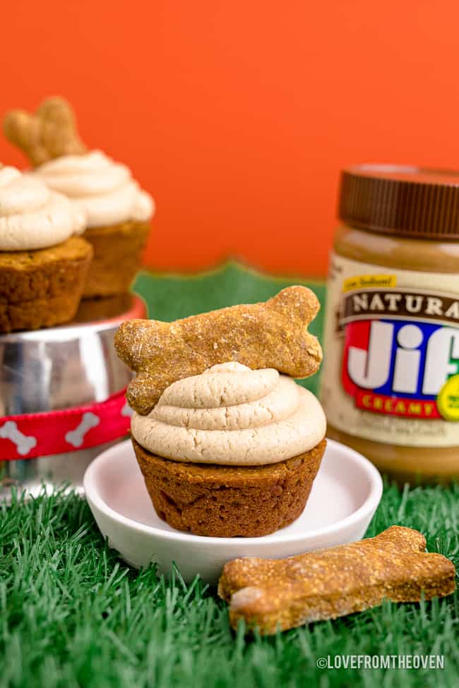 Cupcakes for dogs topped with homemade dog treats.