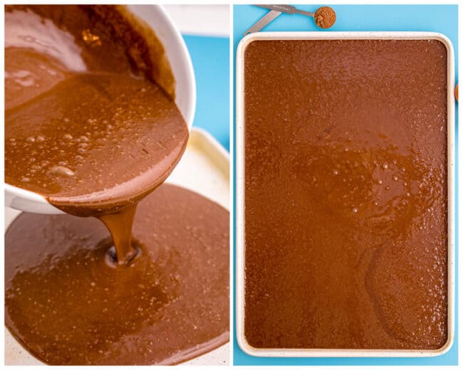 Photos of texas sheet cake batter being poured into a pan.