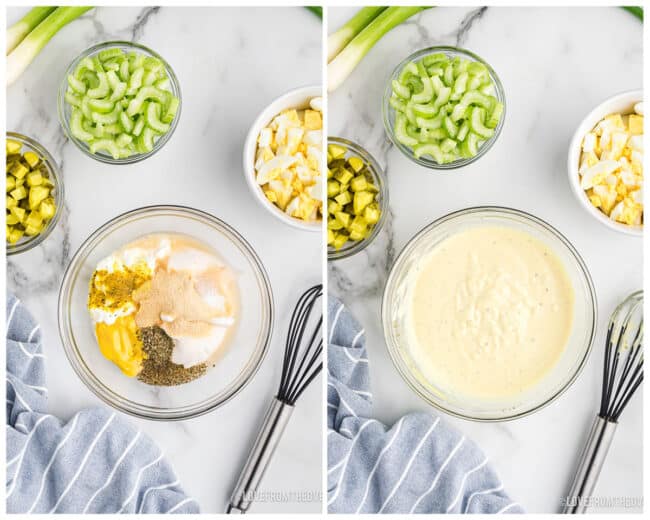 Step by step photos showing how to make potato salad.