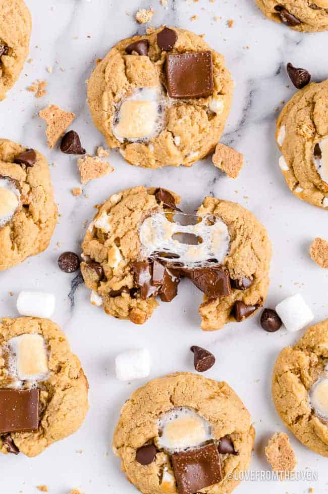 smores cookies on a marble background