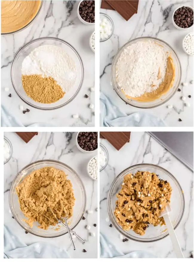 Photos showing how to make smore's cookies.