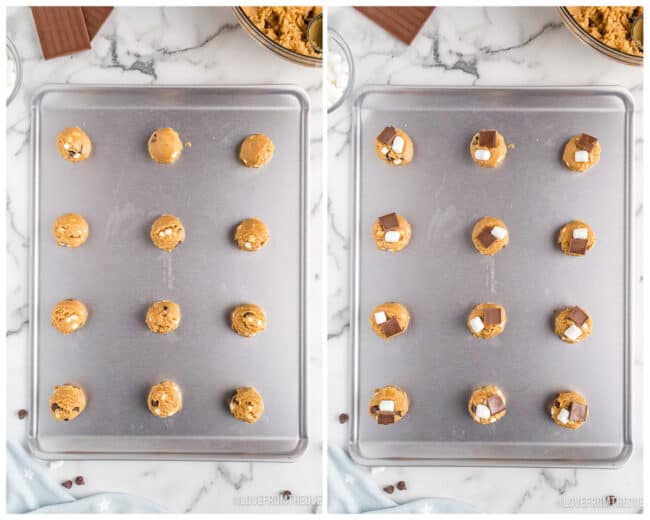 Smores cookie dough on baking sheets.