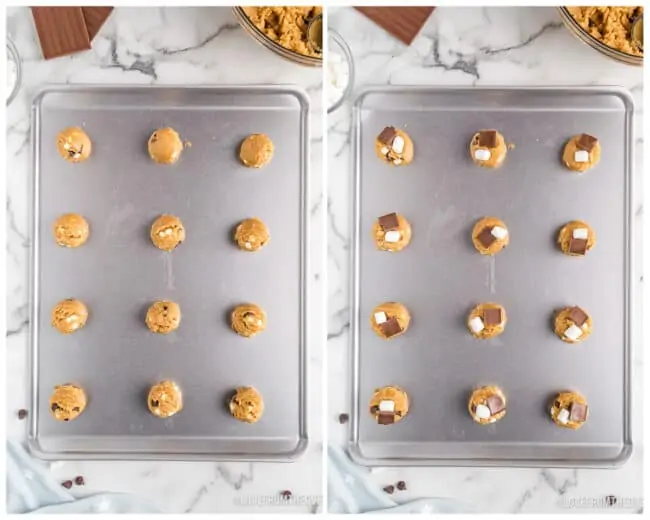 Smores cookie dough on baking sheets.