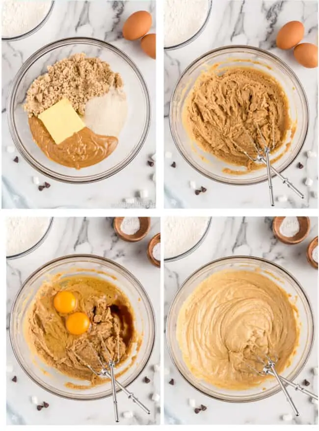 Step by step photos showing how to make smores cookies.