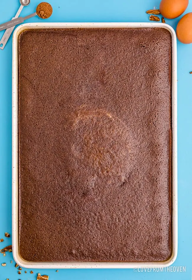 A sheet pan of chocolate cake.
