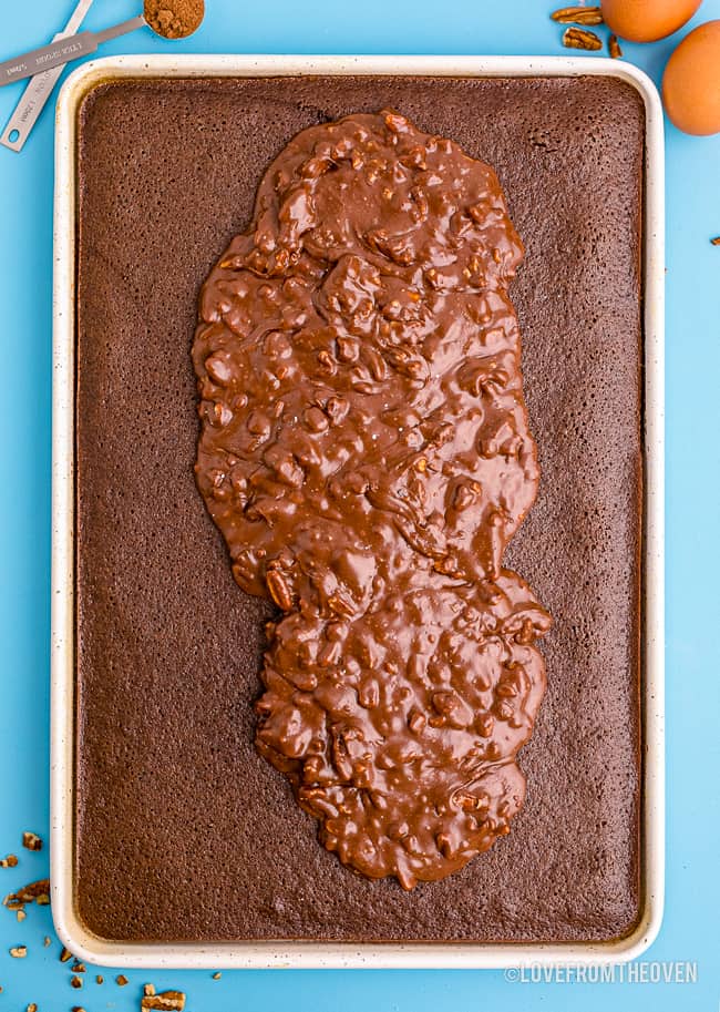 An overhead shot of a Texas sheet cake with frosting on top waiting to be spread.