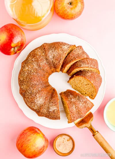 An overhead photo of an apple spice cake bundt cake.