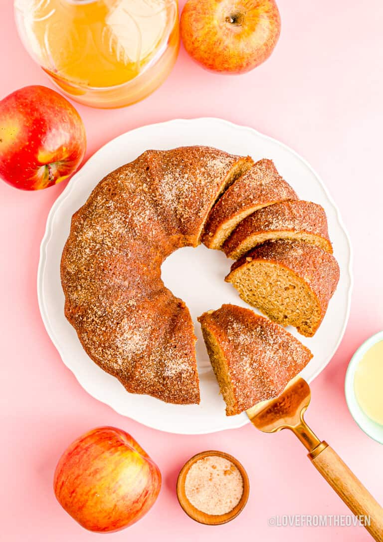 An overhead photo of an apple spice cake bundt cake.
