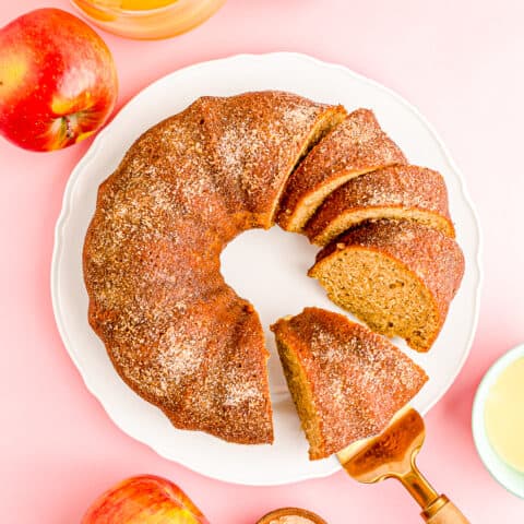 An overhead shot of an apple spice bundt cake.