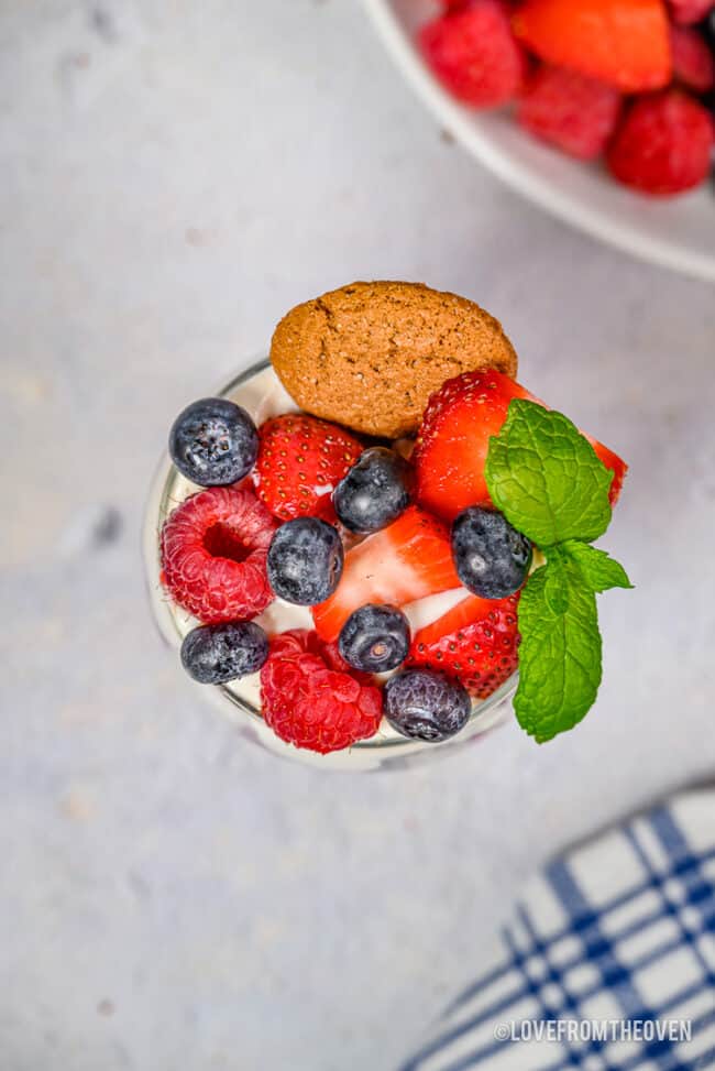 overhead photo of a berry compote parfait.