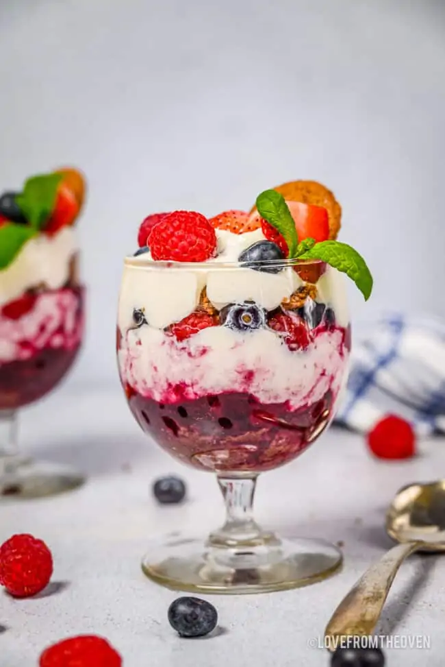 A photo of a berry compote parfait