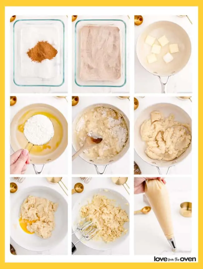 Step by step photos showing how to make churros.