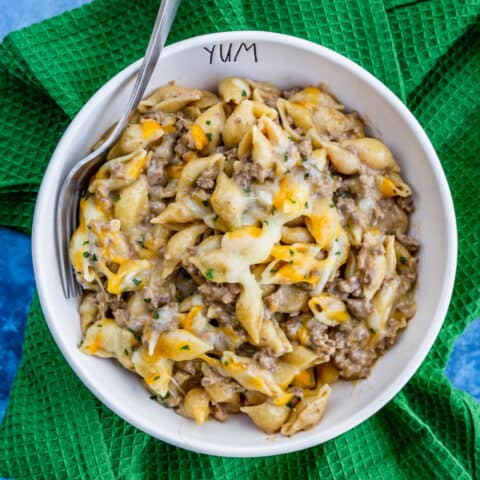 A bowl of cheeseburger macaroni.