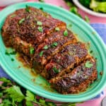 A plate with an air fryer meatloaf on it.