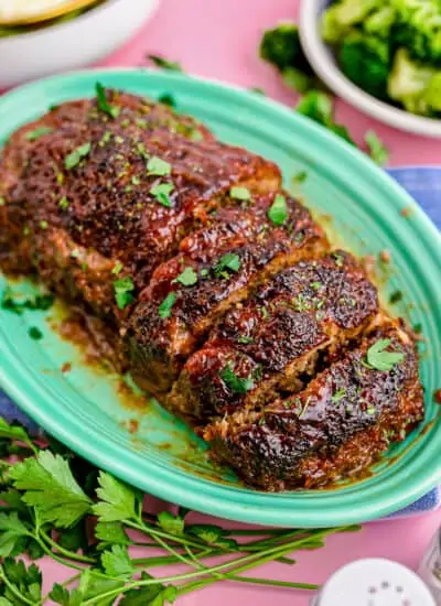 A plate with an air fryer meatloaf on it.
