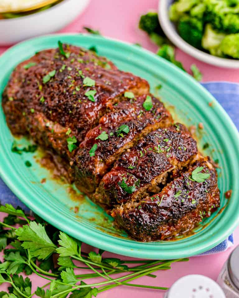 A plate with an air fryer meatloaf on it.