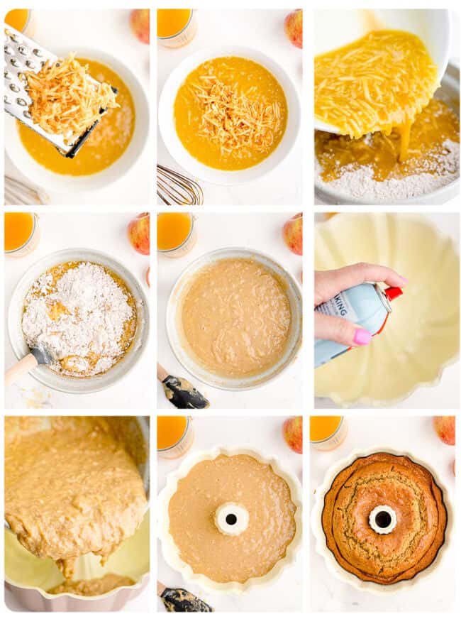 Step by step photos showing how to make an apple cider donut cake.